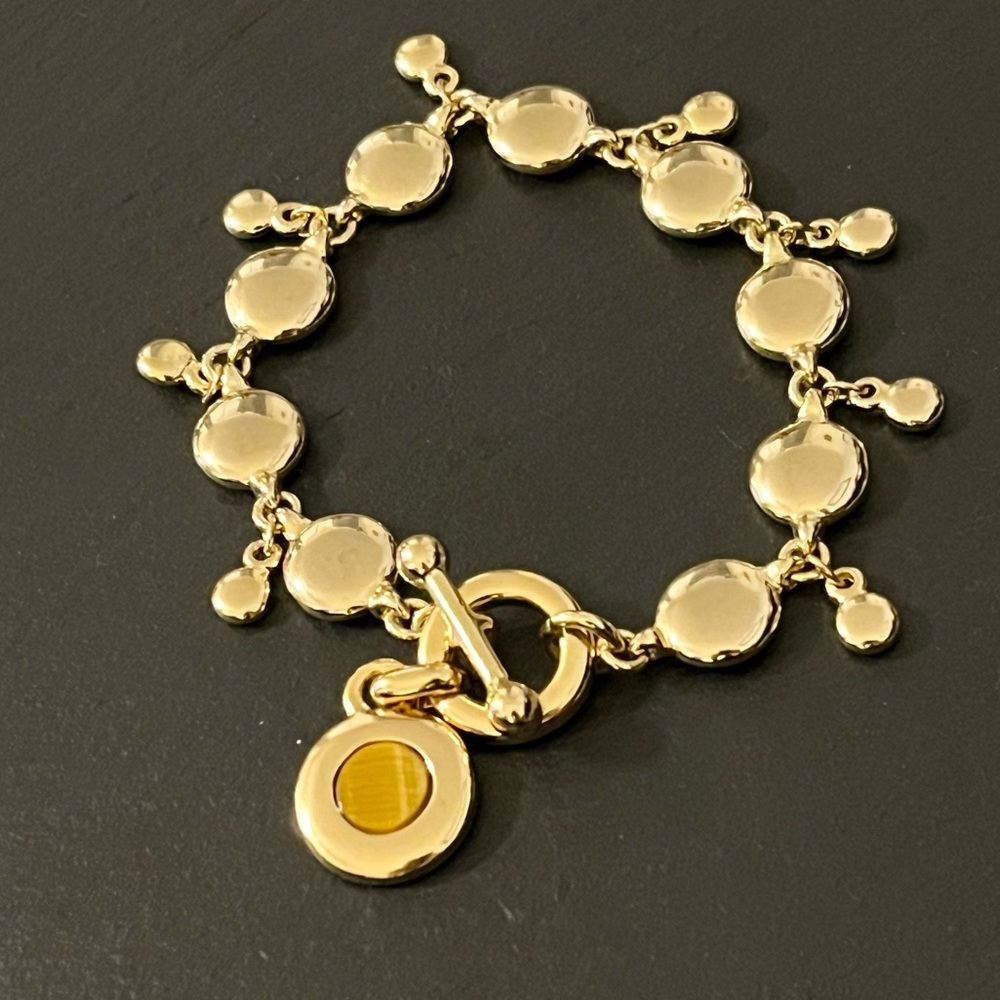 Sparkling Gold Tone Disc Link 8” Bracelet With Tiger Eye Toggle - Picture 12 of 12